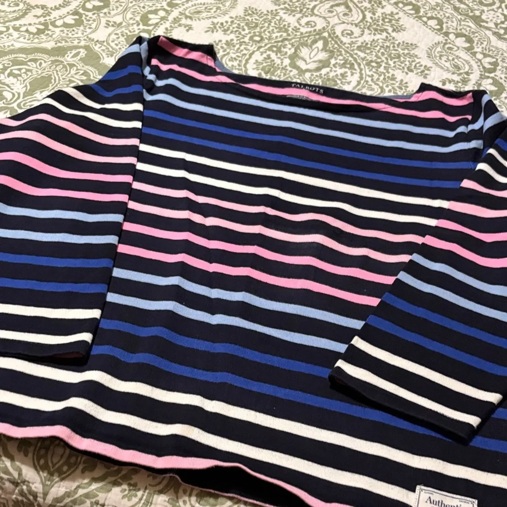 Talbots Navy Long Sleeve Stripe Top with Pink & Blue - Picture 4 of 5